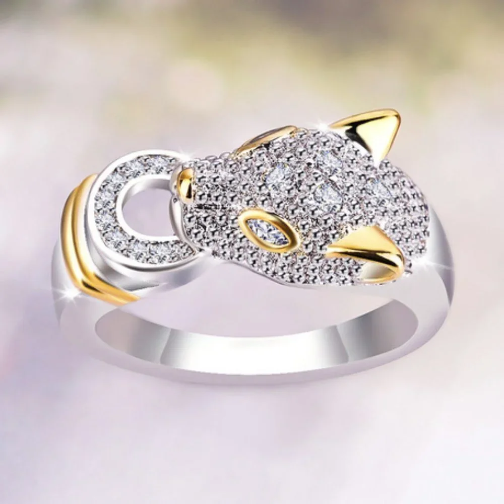 NEW White&Yellow Gold Diamond Panther Cat Ring